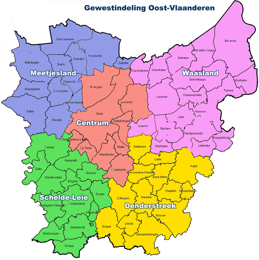 Kaart met de gewestindeling van Oost-Vlaanderen